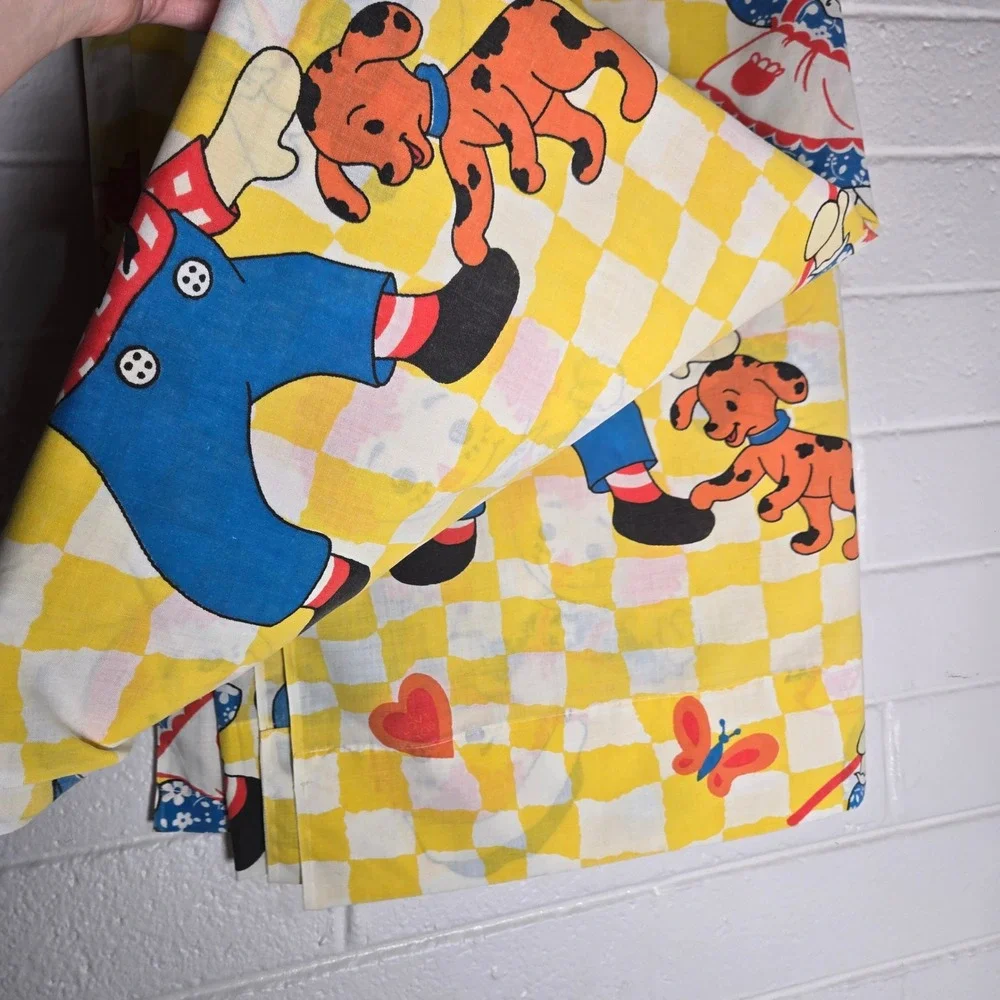Vtg Bobbs-Merrill Raggedy Ann Andy Queen Flat Sheet Yellow Checkerboard 65x94
